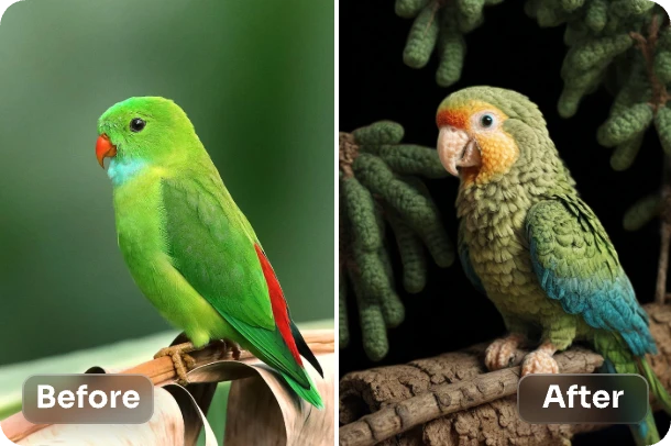 transform a parrot standing on tree branch image into crochet art