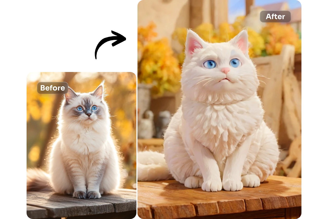 transformar um gato branco giro num gato de claymation com o filtro aiease claymation ai