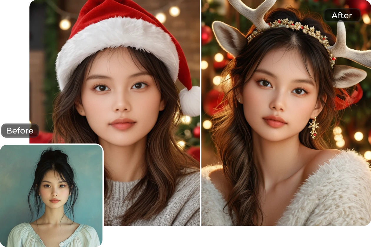 ein frauenporträt in zwei weihnachtsprofilbilder verwandeln, die von ai ease generiert werden