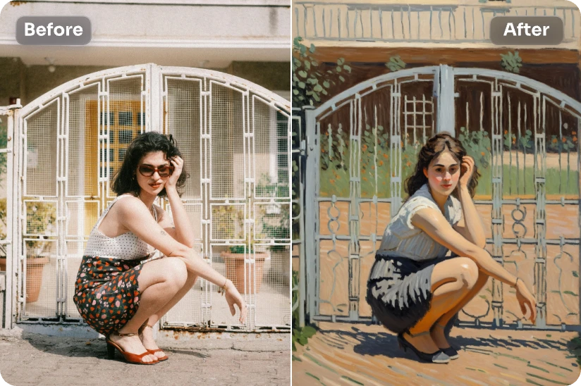 Transformez l'image d'une femme accroupie à l'extérieur de la clôture en une peinture de style Monet