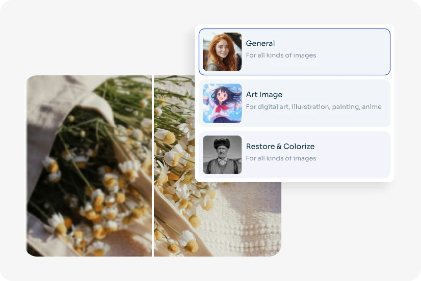 sube una flor borrosa a ai ease hd photo converter y elige el modo general