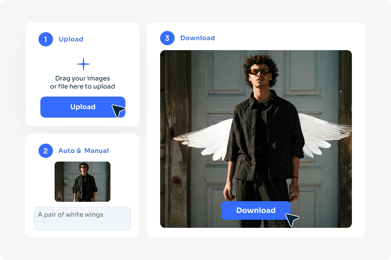 upload a man portrait to aiease and brush over the back area and enter the prompt to add a pair of white angel wings and download it