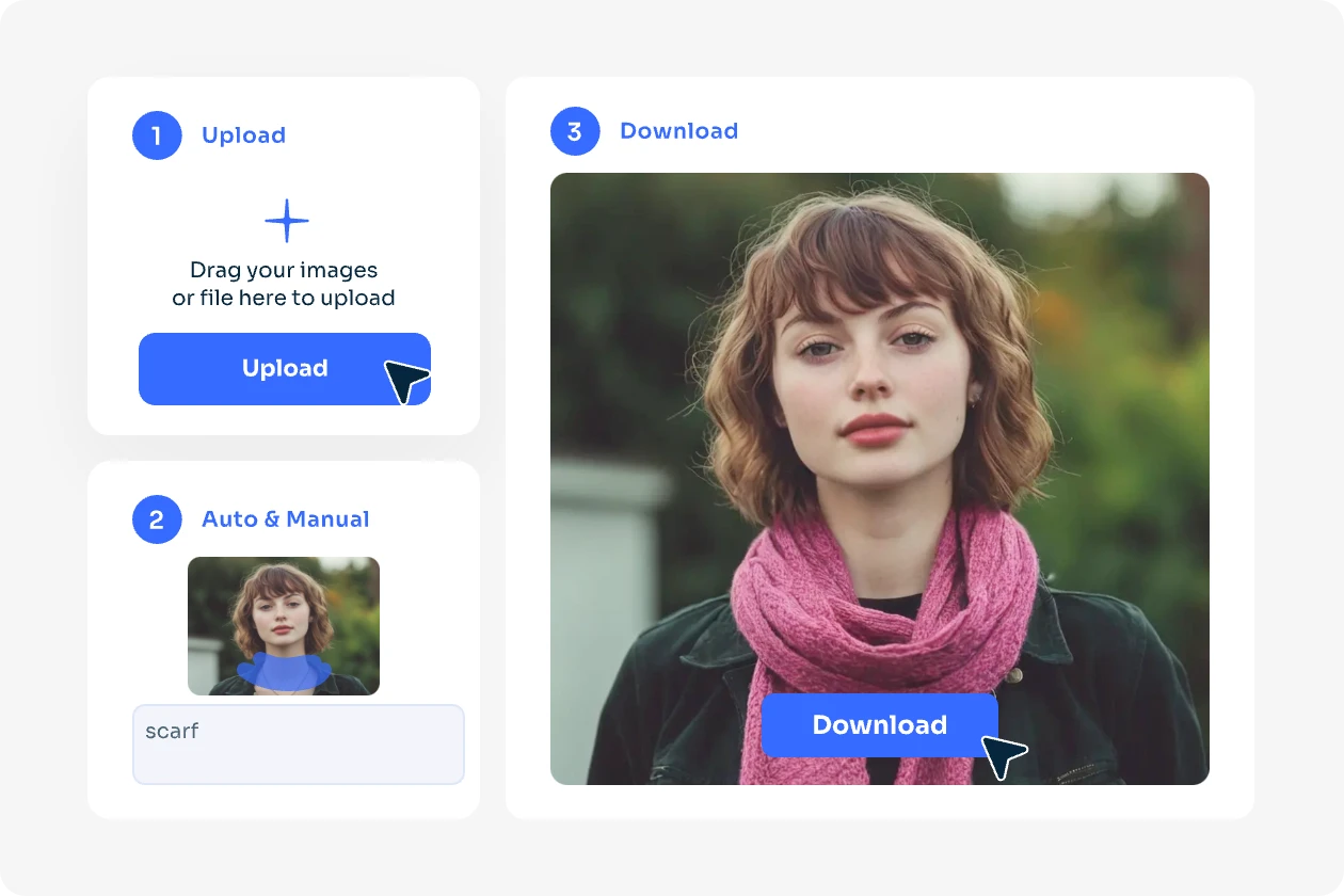 upload a short hair girl portrait to aiease and brush over her neck area and enter scarf and add a purple color scarf to her neck and download