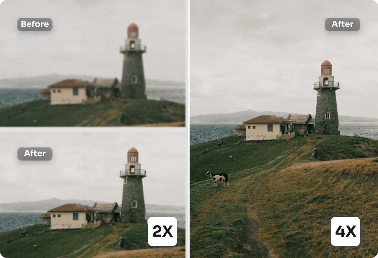 在 aiease midjourney upscaler 中將模糊的風景照片升頻至 2k 和 4k