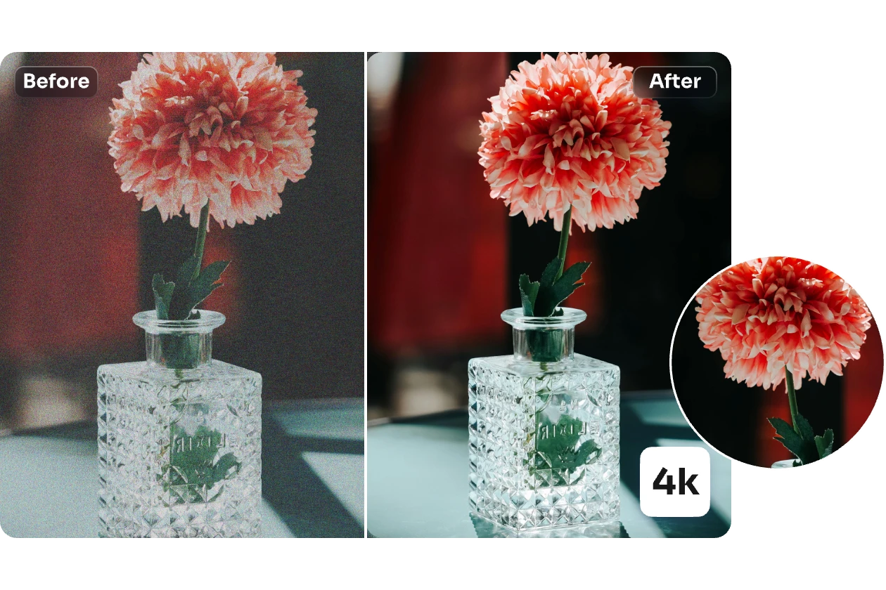 Escalar una imagen de una flor en una botella a 4K sin perder calidad