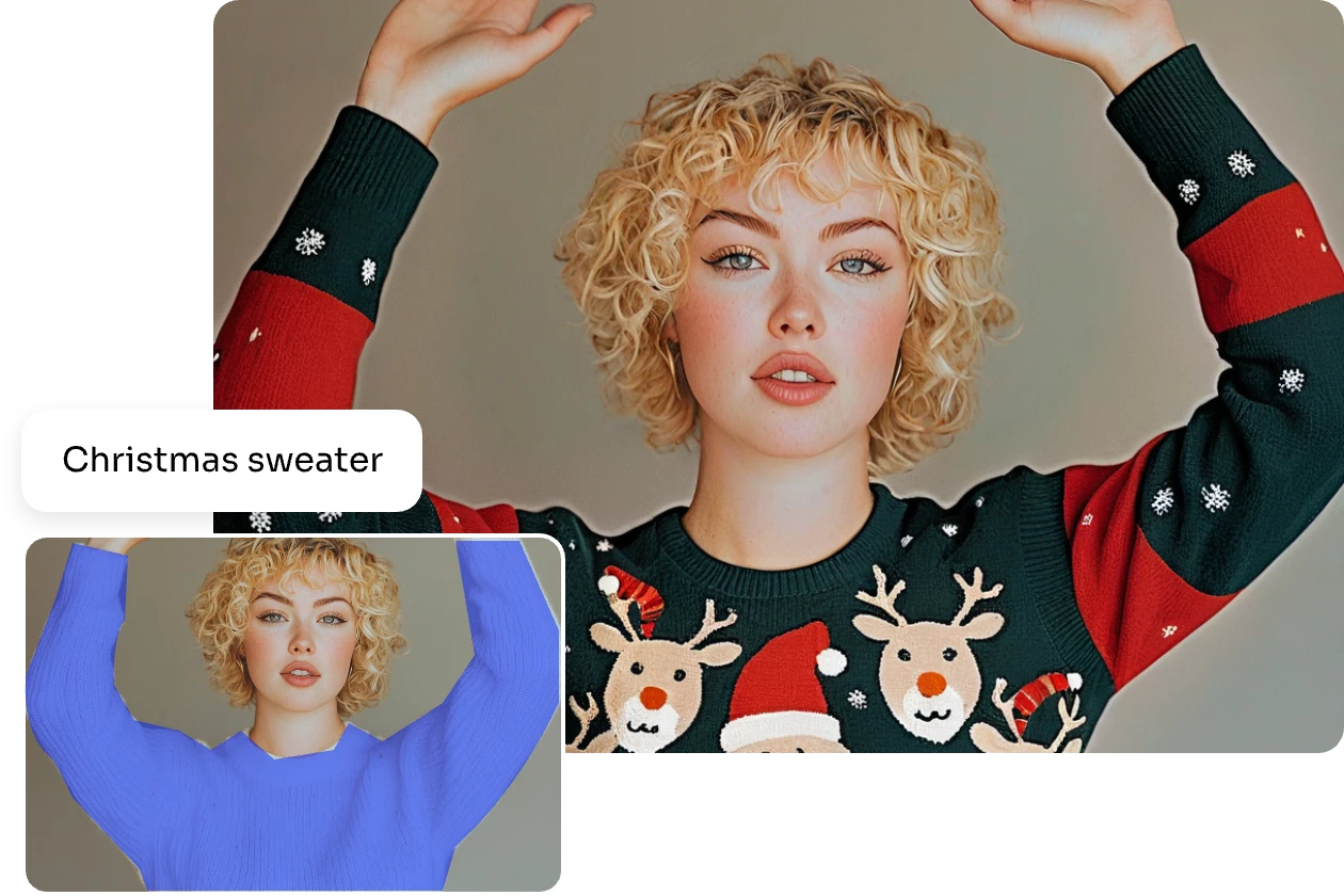 ai replace verwenden, um den Bereich der Kleidung zu übermalen und einen Weihnachtspulli aus Text zu erzeugen