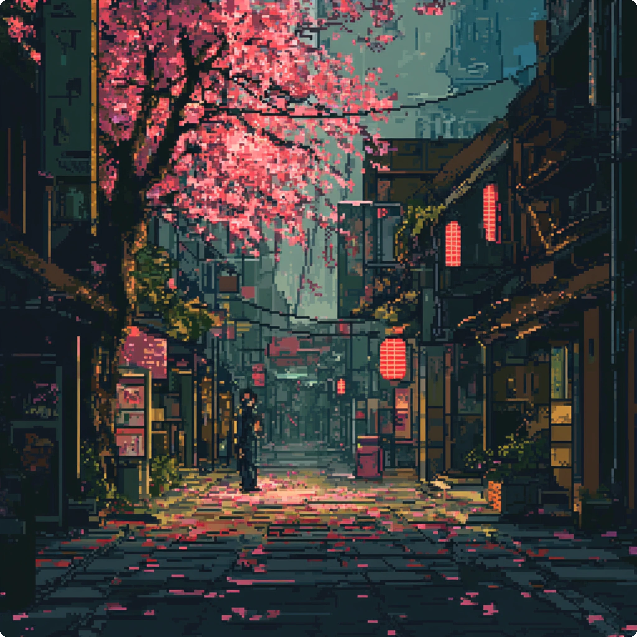 una scena di alberi di ciliegio in fiore in stile pixel art