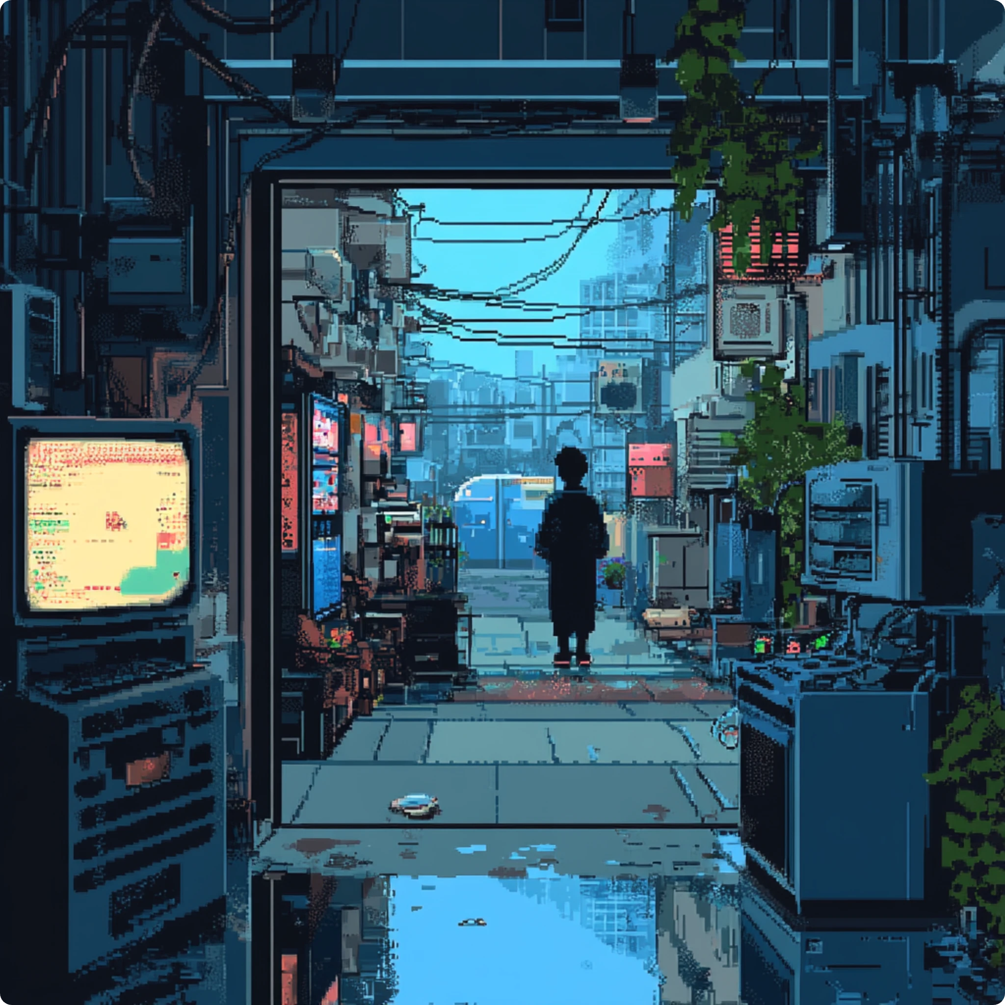 un uomo in piedi fuori da una sala giochi immagine in pixel art
