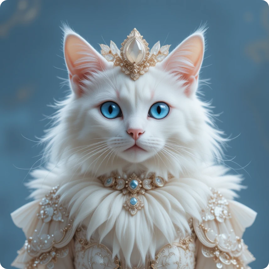 un gato blanco generado por inteligencia artificial con joyas preciosas