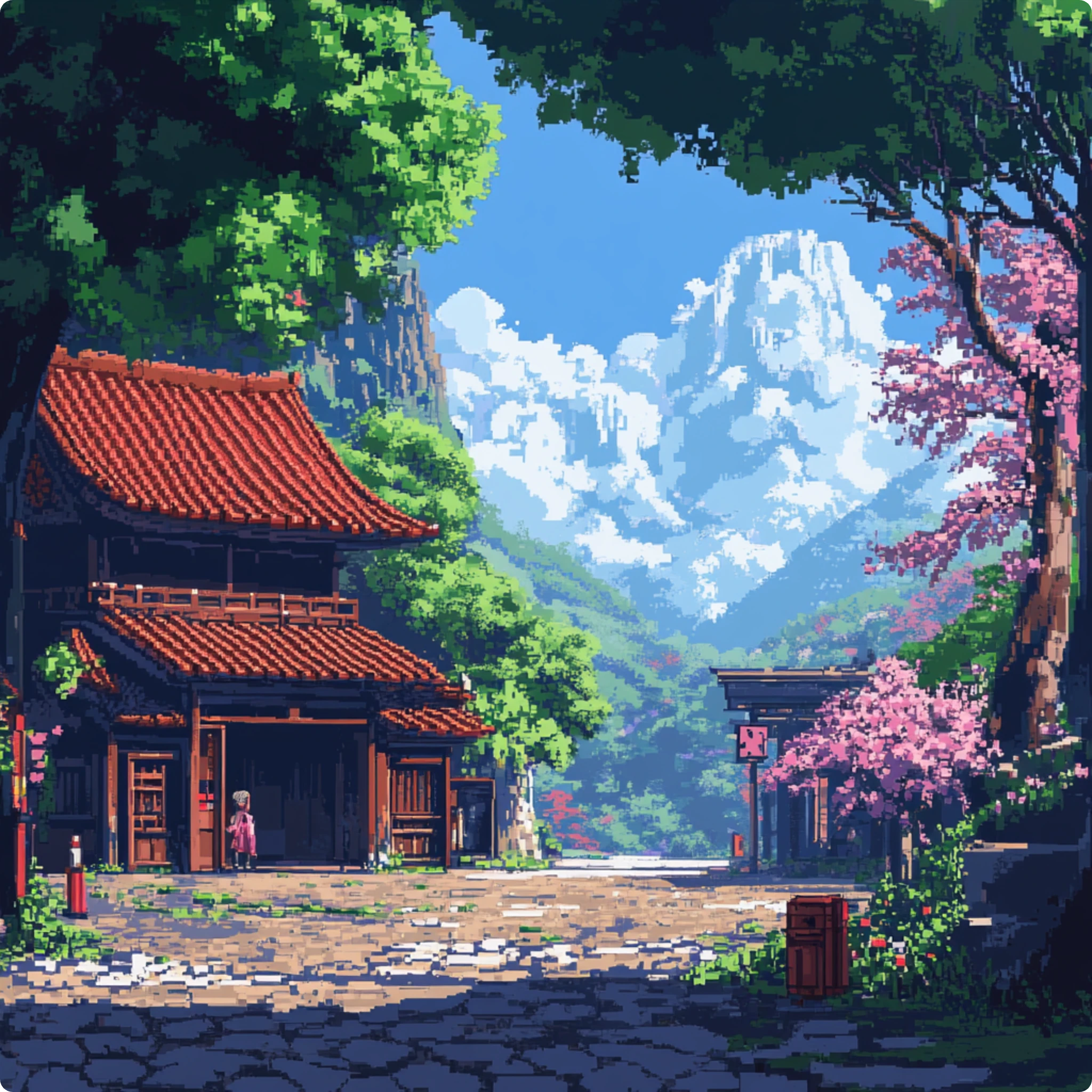 un antico tempio a lato di una montagna in stile pixel