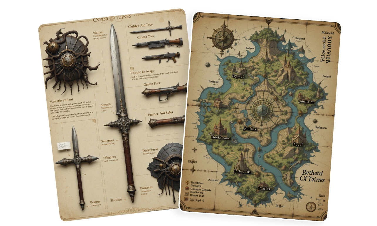 accesorios dnd y un mapa dnd de fantasía hecho en aiease generador de personajes dnd