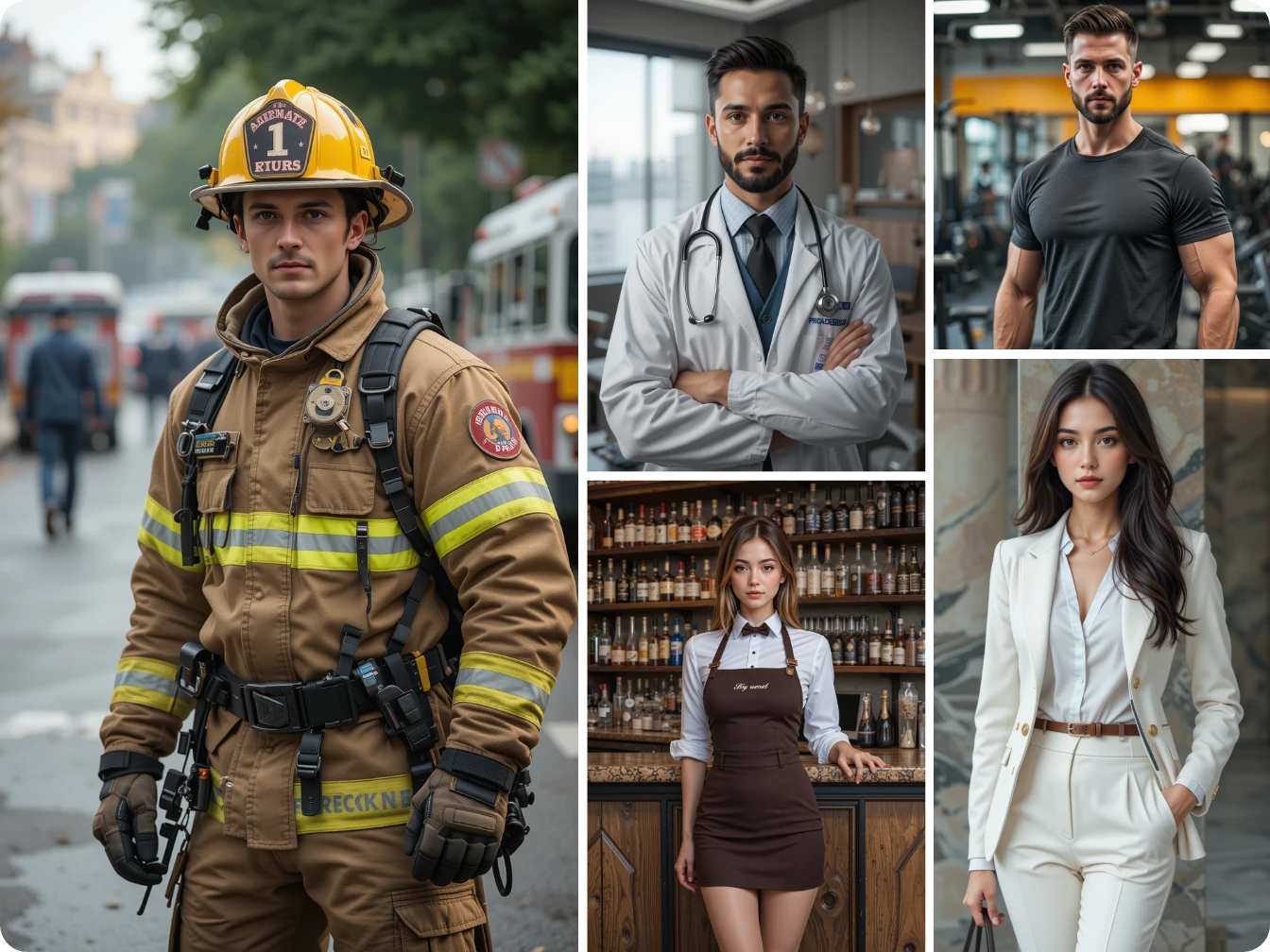 cinco ai humanos generados por aiease ai generador humano de bombero médico oficinista camarera y fitman