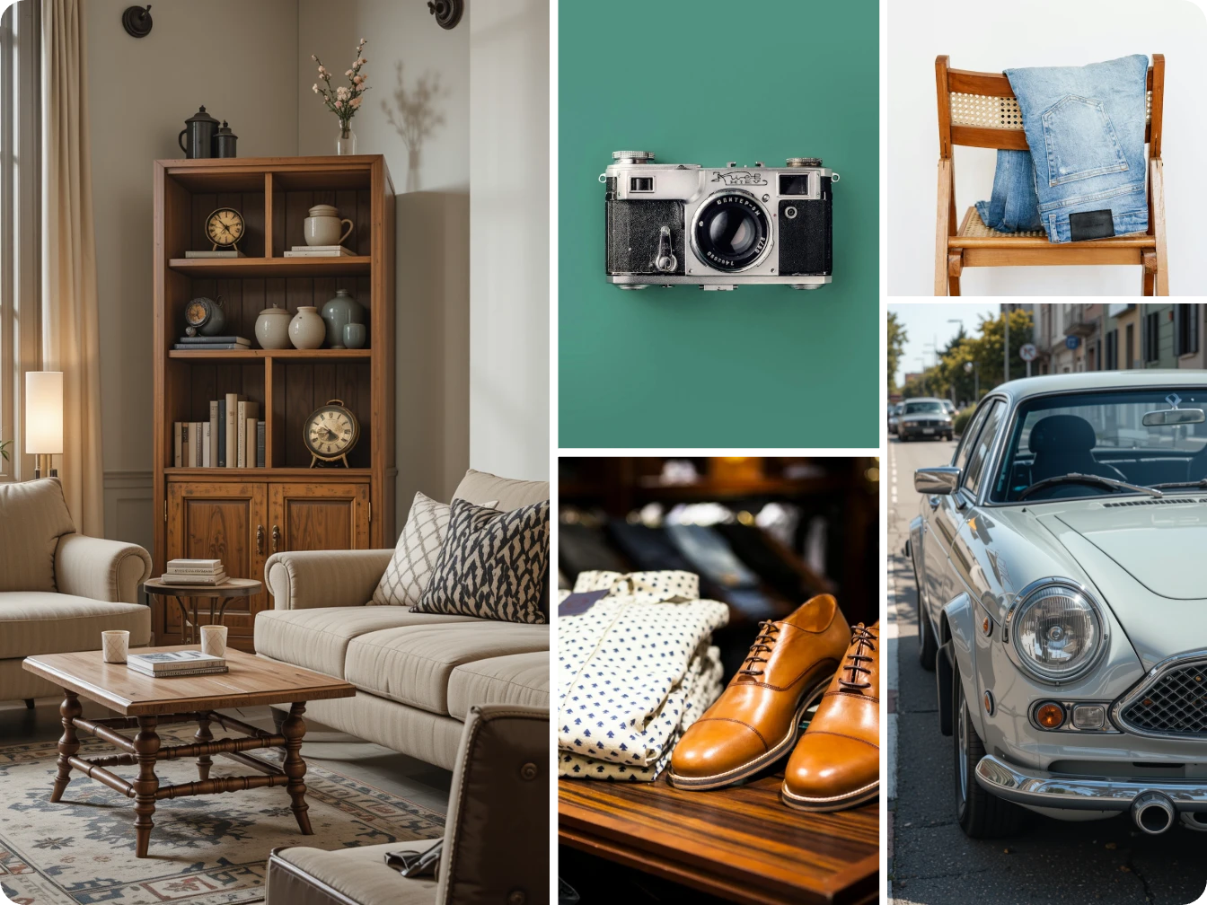 cuatro diseños de productos de diseño de interiores, zapatos, cámaras y coches generados por inteligencia artificial