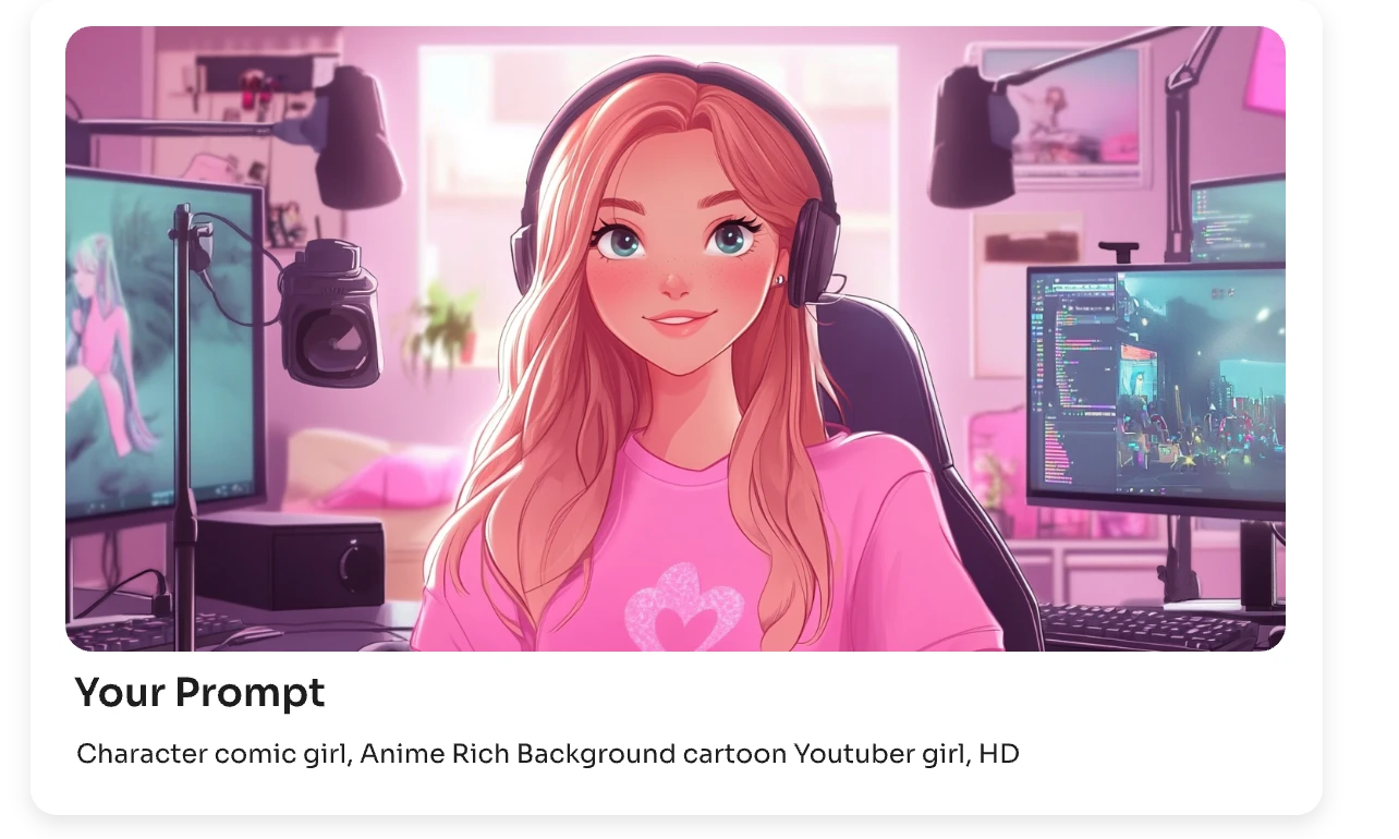 eine hd vtuber mädchen charakter mit gaming hintergrund aus text generieren