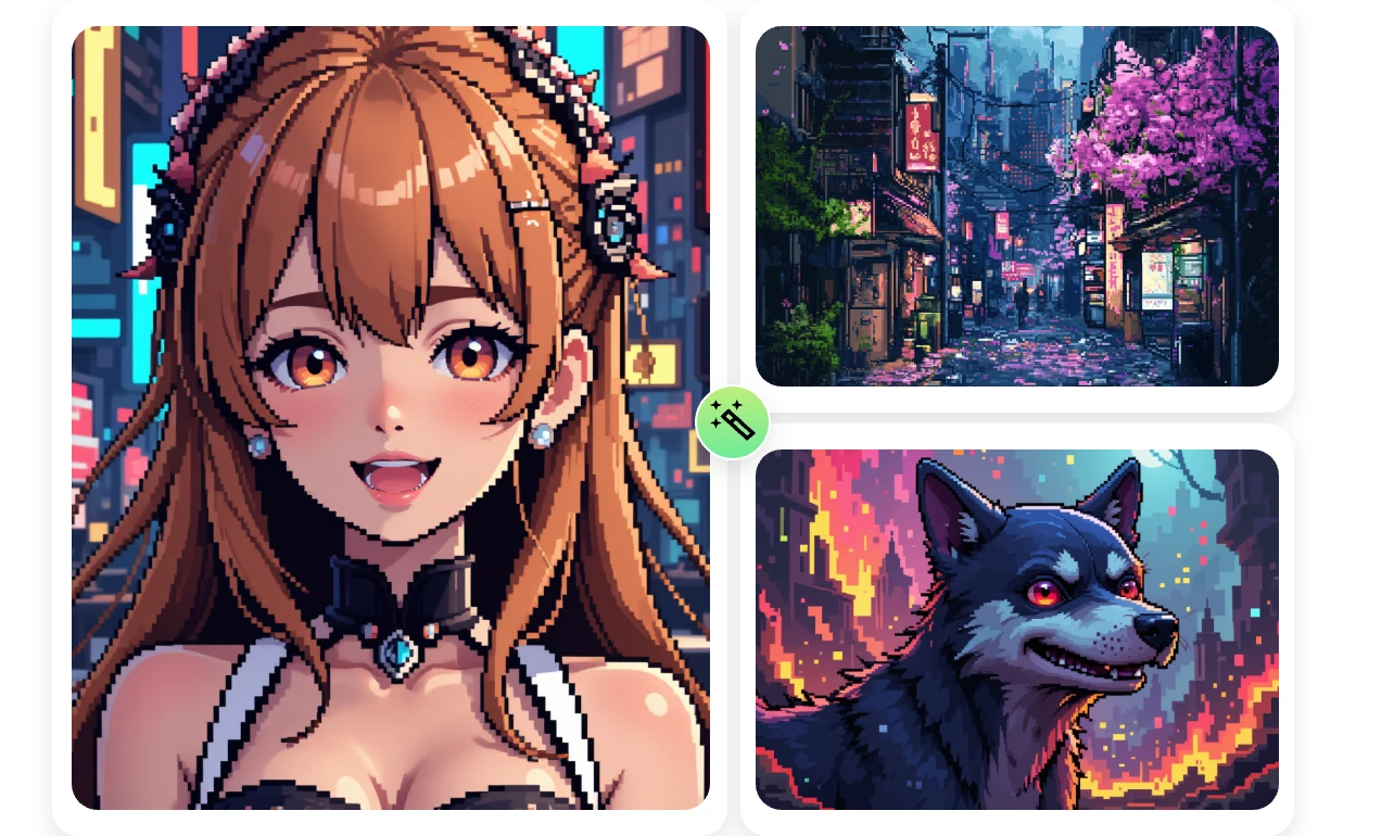 generare tre immagini in stile pixel art con facilità ai generatore gratuito di pixel art ai