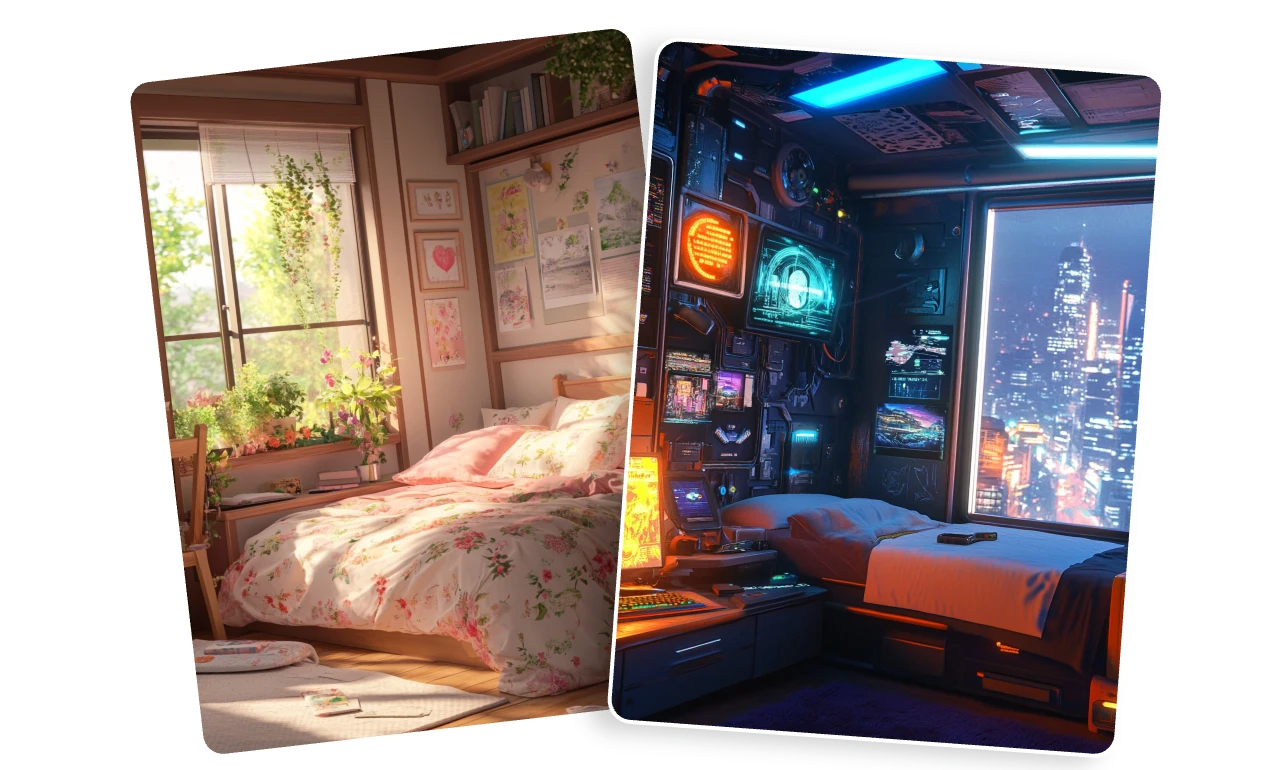 zwei schlafzimmerhintergründe im cartoon und cyberpunk stil mit ai erzeugen
