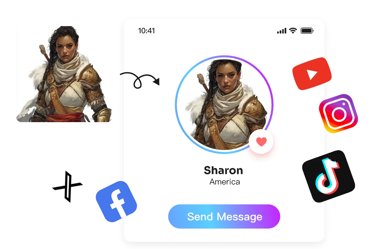 hacer un personaje de dnd mujer luchadora y usarlo como imagen de perfil en redes sociales con iconos de x facebook tiktok youtube instagram