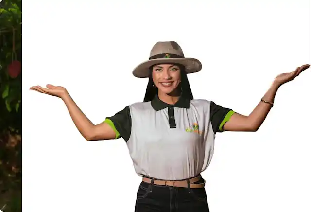 remove and add white background to female in the farm image using AI Ease
