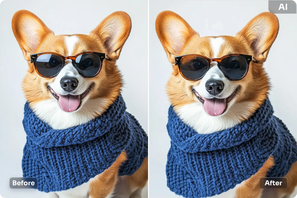 remove the sunglasses glare from the cute dog photo in aiease