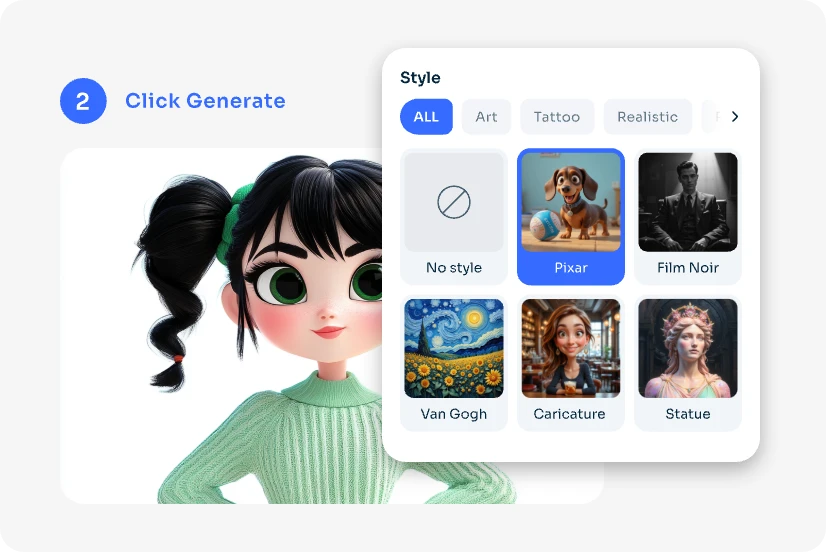 在 aiease 卡通製作器中選擇 pixar 卡通樣式