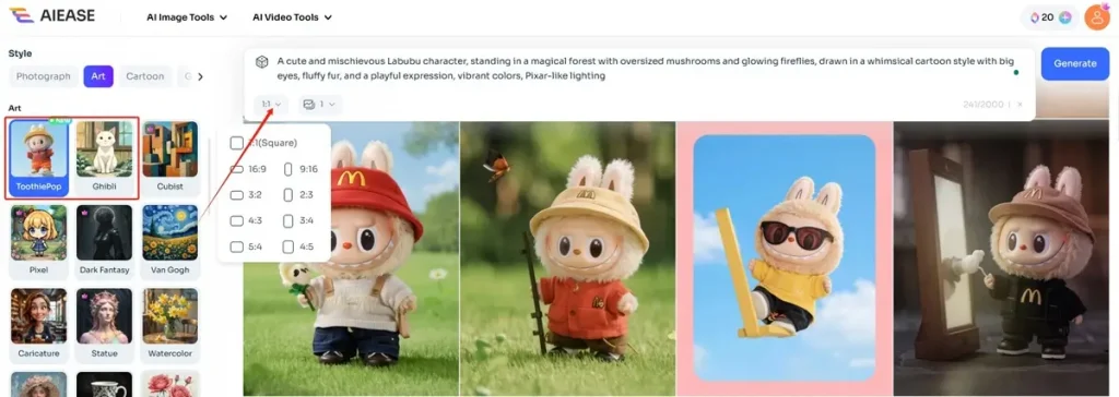 select style and adjust settings to create ai image with AI Ease