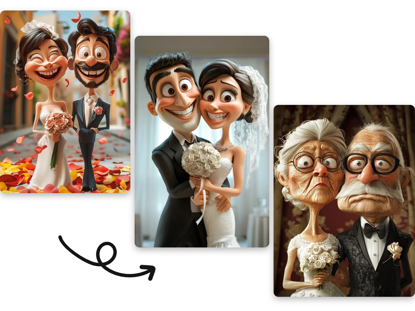 tres caricaturas de boda creadas con aiease caricature maker