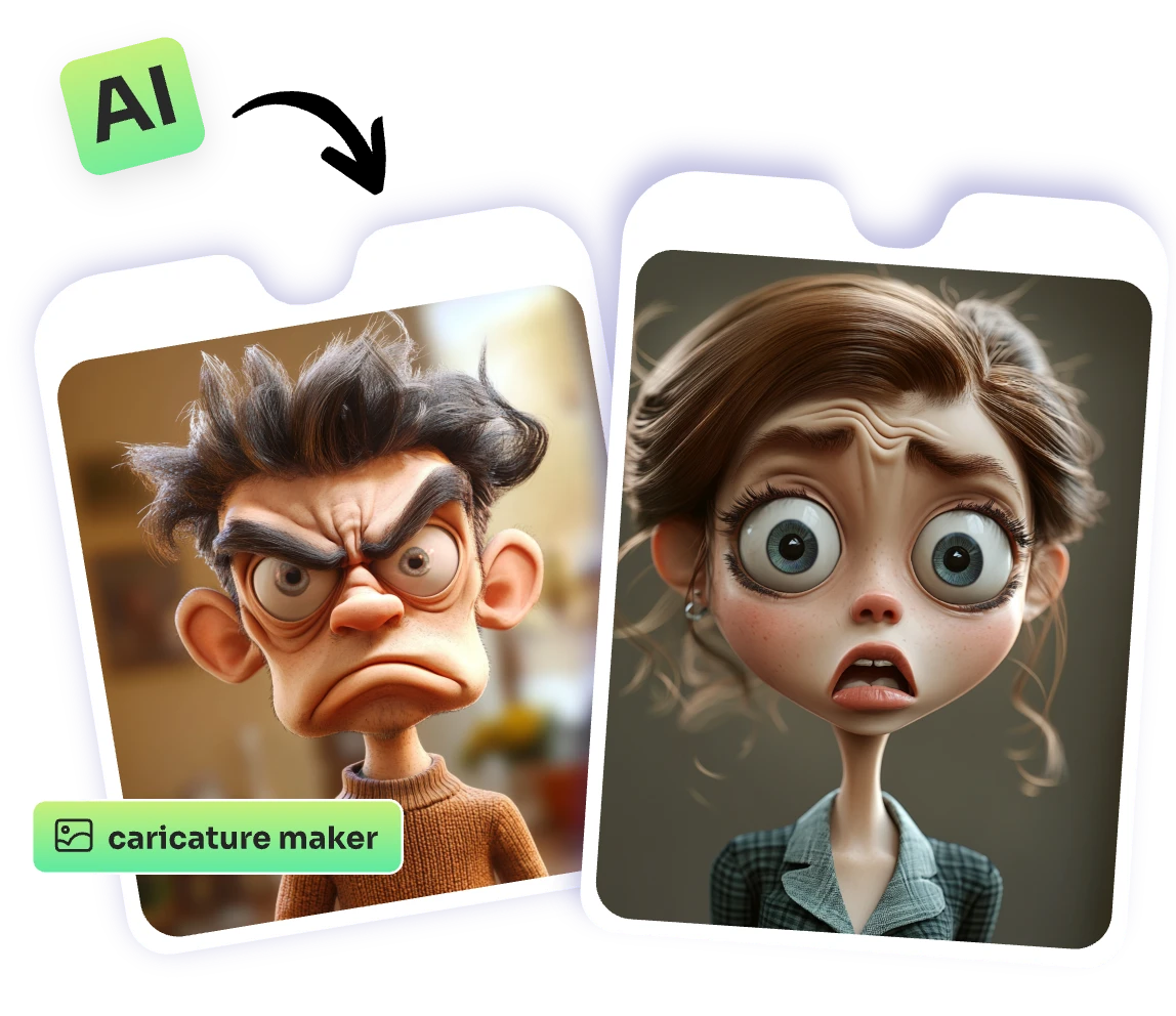 zwei karikaturbilder von aiease caricature maker mit einem ai und caricature maker icon
