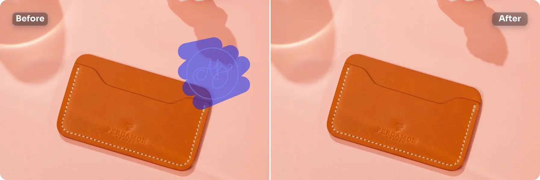 Efecto antes y después de eliminar el sello de la imagen de la cartera naranja utilizando AI Ease online free watermark remover