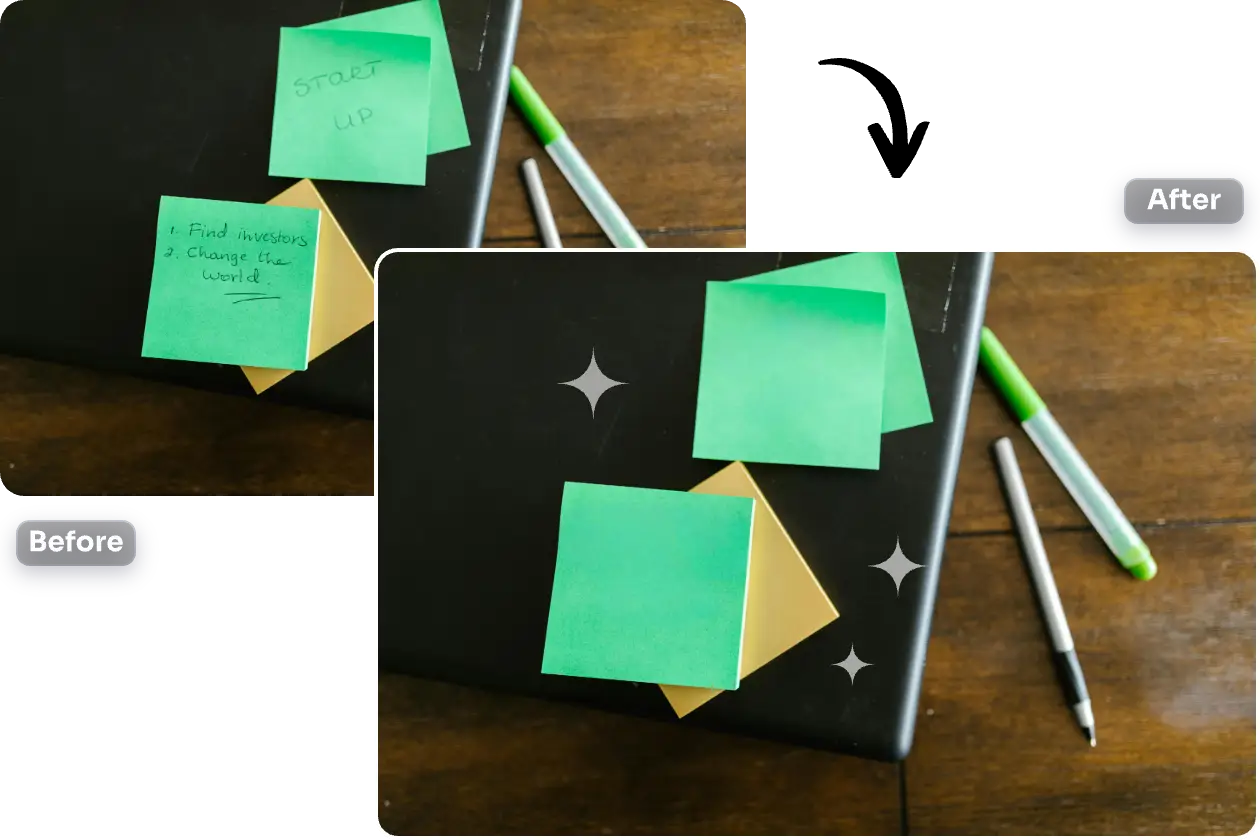 Efeito antes e depois da remoção de texto indesejado da imagem no removedor de texto online AI Ease