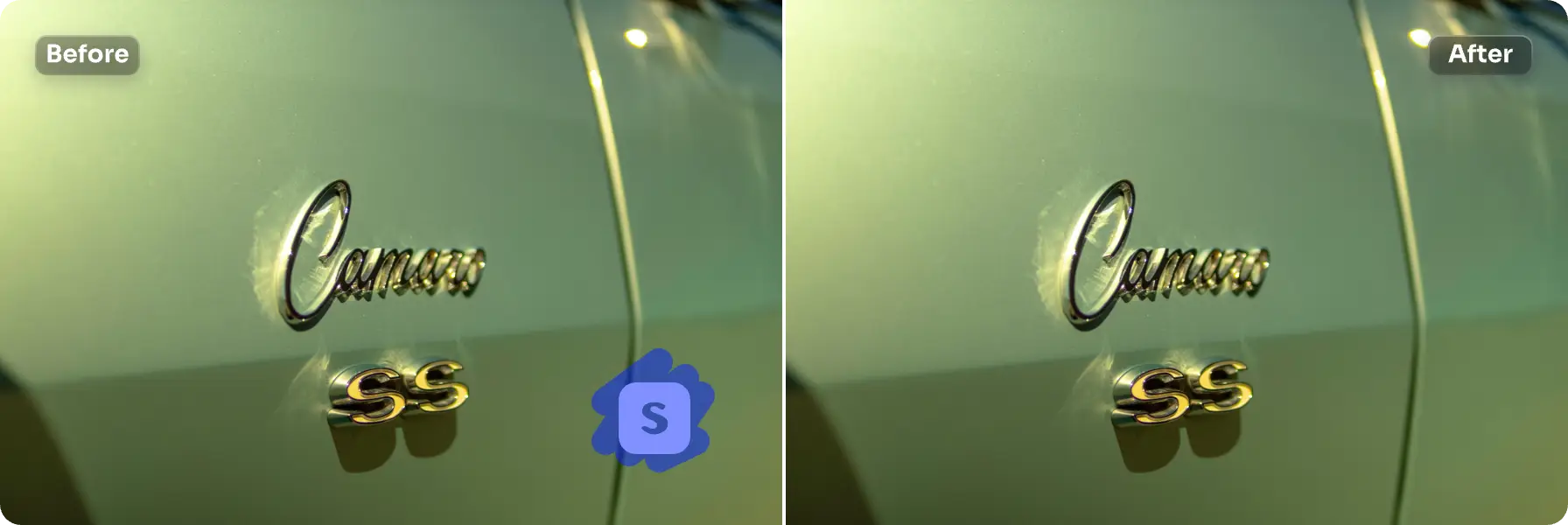 efectos antes y después de eliminar logotipo de imagen de decoración de metal en AI Ease