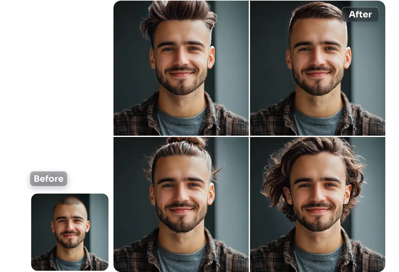 Changez la coiffure masculine en quatre styles différents en utilisant le simulateur de coiffure AI Ease pour homme