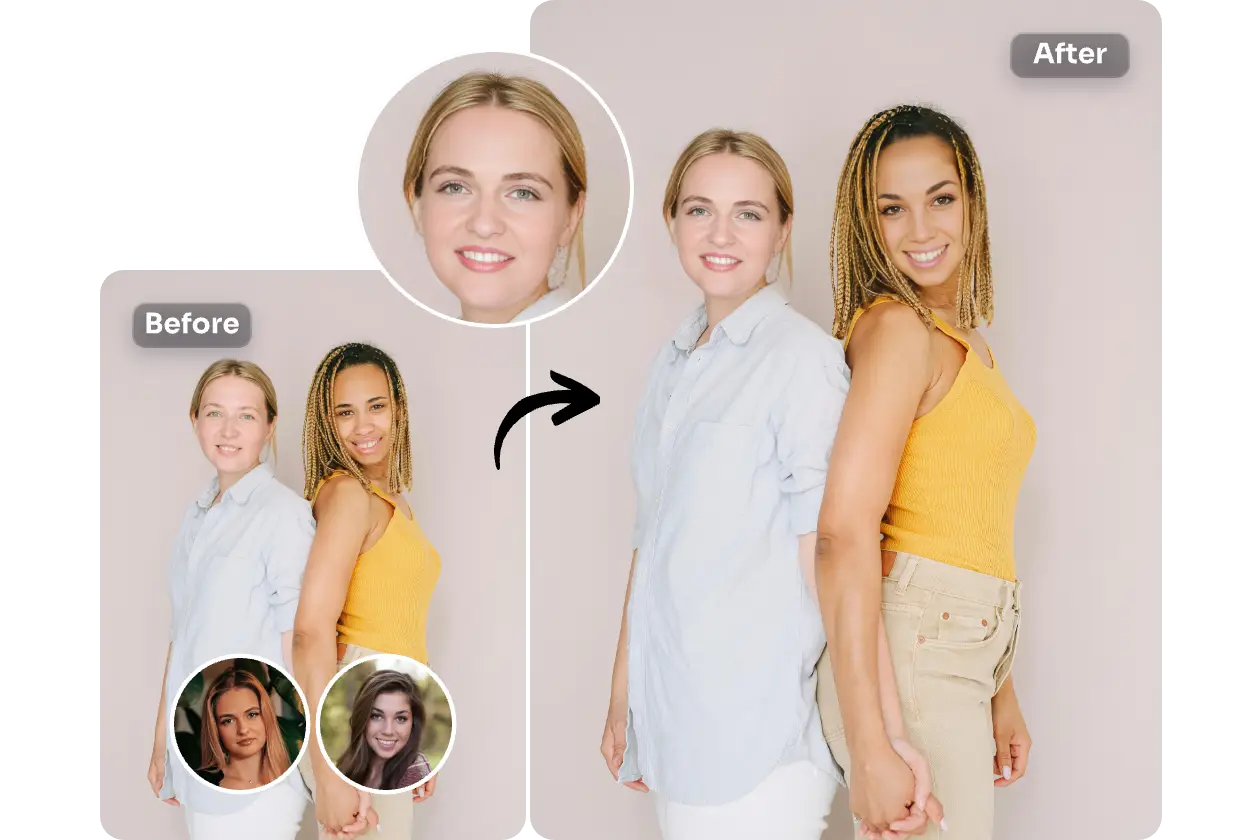 AI EaseのオンラインAI複数顔交換ツールで完璧な結果で2人の顔を交換する