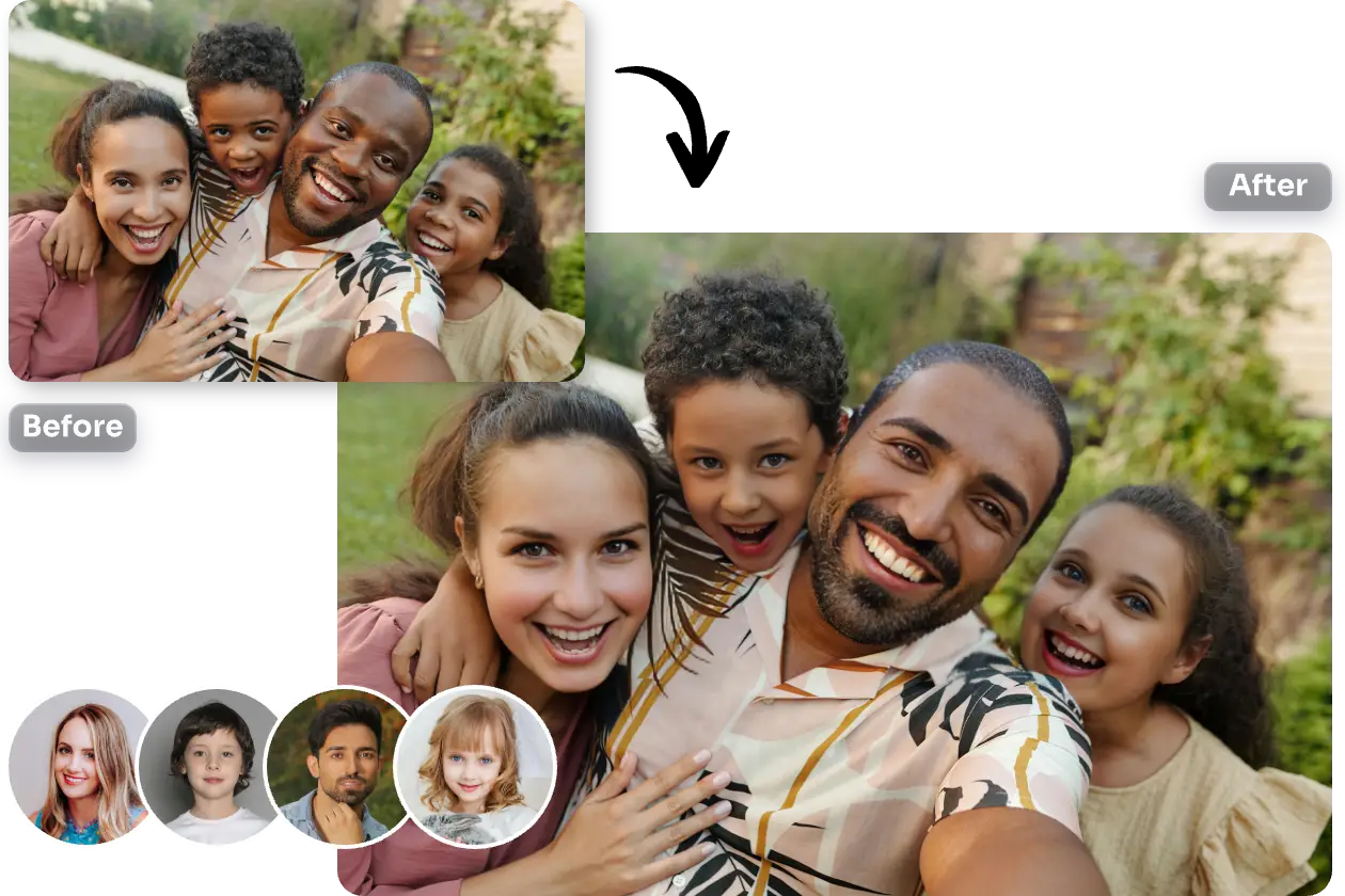 AI EaseのオンラインAI複数顔交換ツールで4人の顔をグループ写真の顔と交換する
