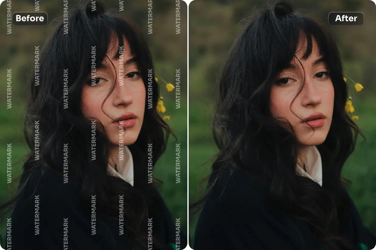 elimine la sofisticada marca de agua de pantalla completa de retrato femenino en AI Ease online free AI image watermark remover