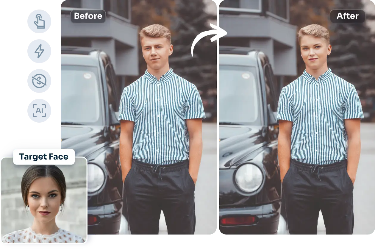AI Easeのオンライン顔入れ替えツールで女性の顔を男性と交換する