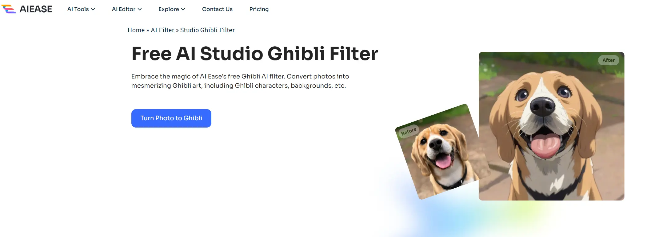 ai ease free ai studio ghibli filter interface