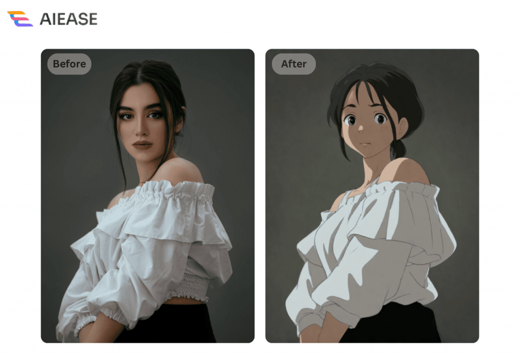 le filtre aiease studio ghibli transforme le portrait d'une belle femme en une fille de style ghibli