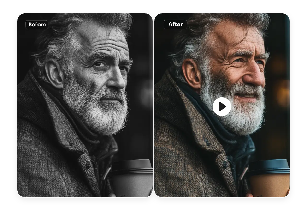 animer et coloriser un portrait de vieillard en noir et blanc