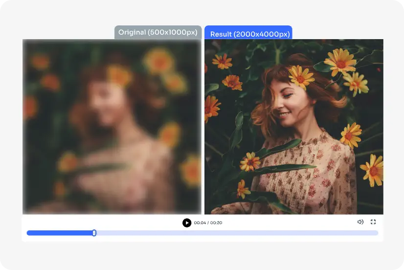 contraste antes e depois do melhoramento de uma rapariga das flores no aiease video enhancer