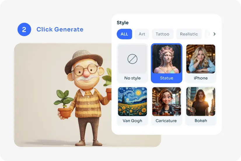 choose marble, bronze, or abstract statue styles using AI