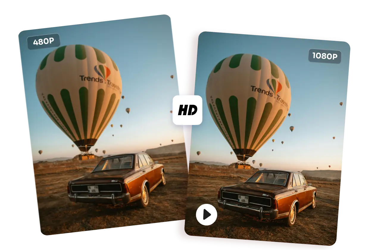 before and after converting a 480p hot balloon in red car video to 4k with ai ease hd video converter