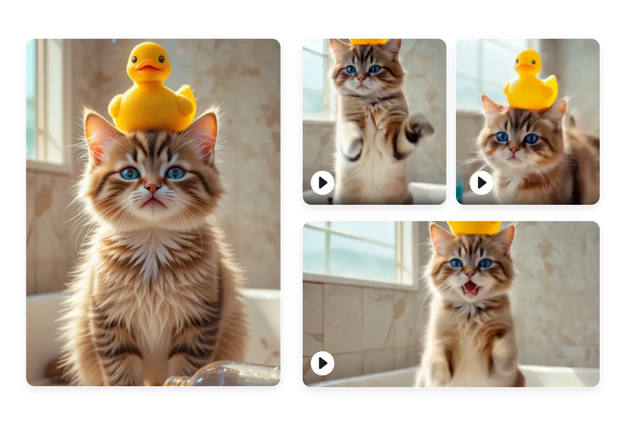 convertir una imagen fija de un lindo gato con un pato de juguete en la cabeza en tres videoclips de baile