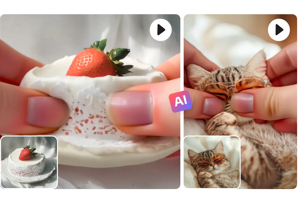 AI Easeのオンライン画像スクイッシュAIビデオジェネレーターでスクイッシュケーキと猫のビデオを作成する
