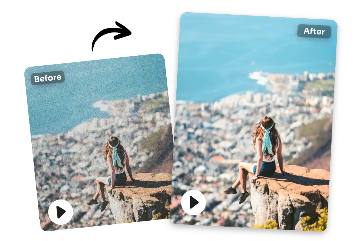 denoise and enhance a girl sitting on cliffs video with ai video denoiser