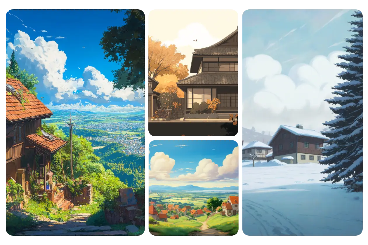 four beautiful ghibli style landscapes made in aiease ghibli art generator