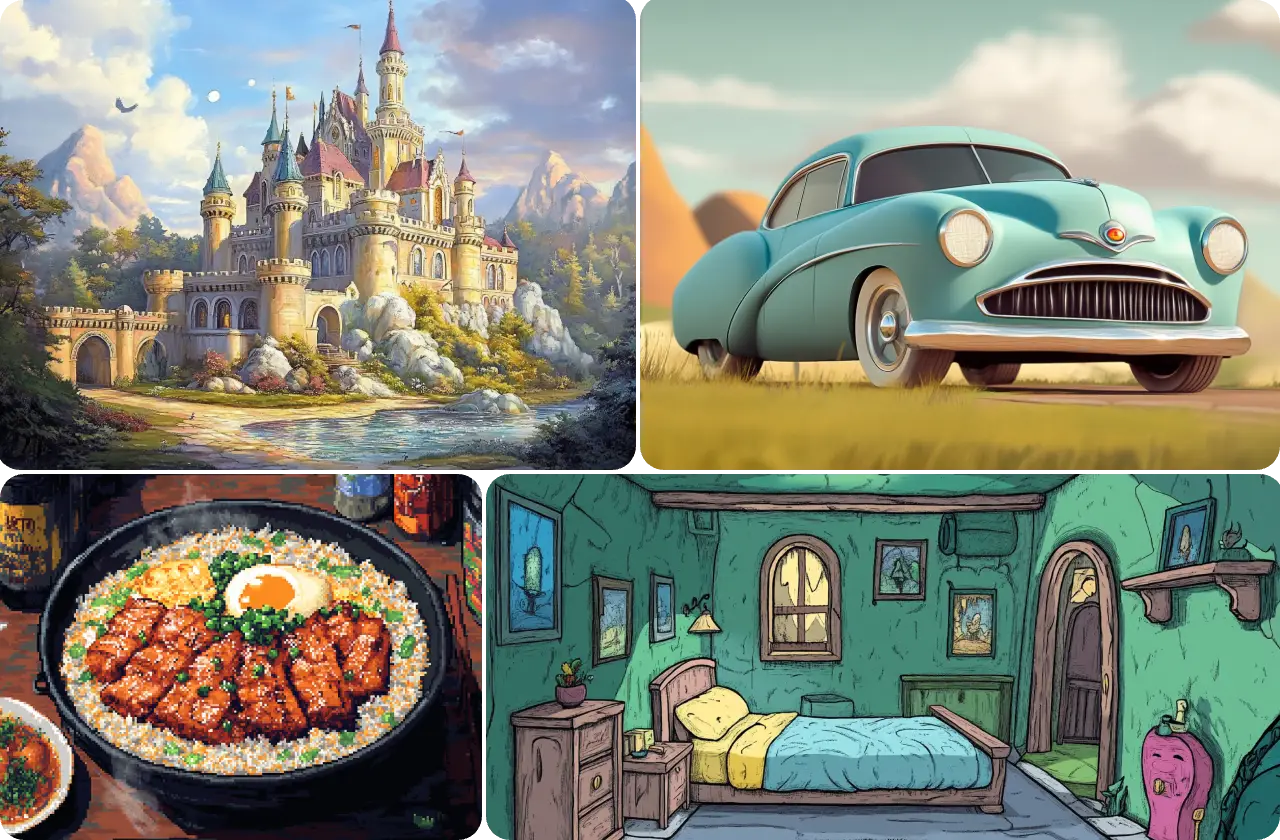 generate a range of cartoon assets like castle food car and bedroom