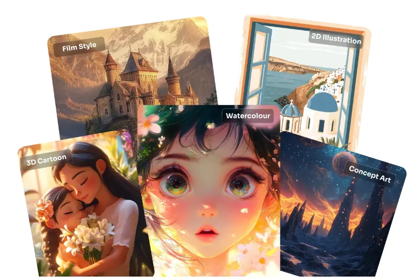 générer cinq images dans divers styles d'art ai en utilisant le générateur d'art ai ease