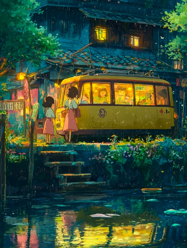 Studio Ghibli Phone Wallpaper-bus and passengers