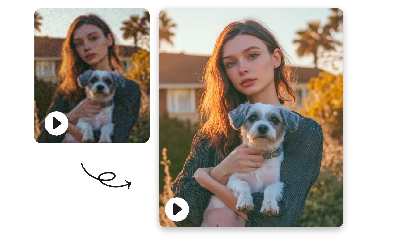 reduzir o ruído do vídeo de uma rapariga a segurar um cão no melhorador de vídeo aiease