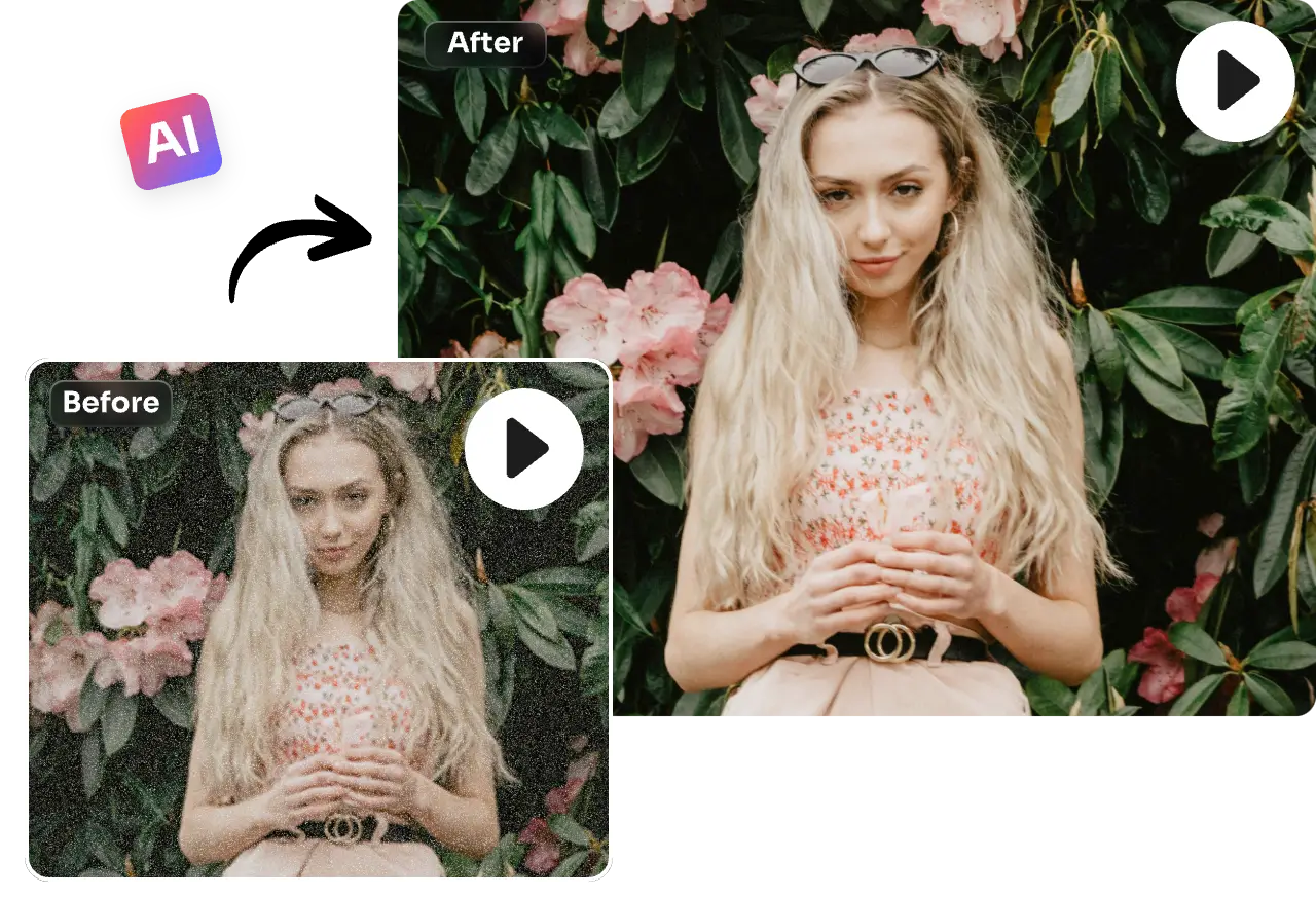 remove visual noise of a girl standing in front of leaves video with ai